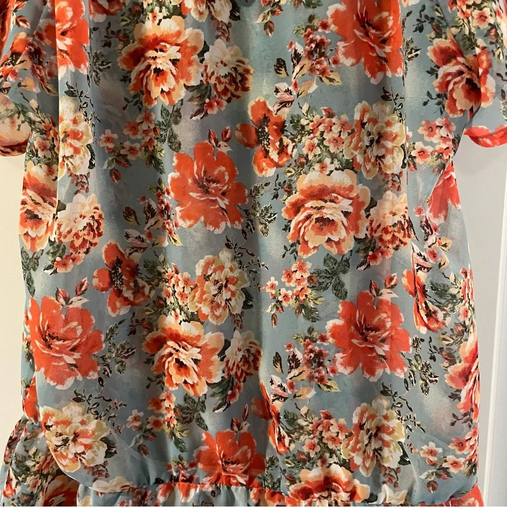 Junior Misses Forever XXI Aqua Coral Floral Sheer Top Size M - Picture 5 of 10